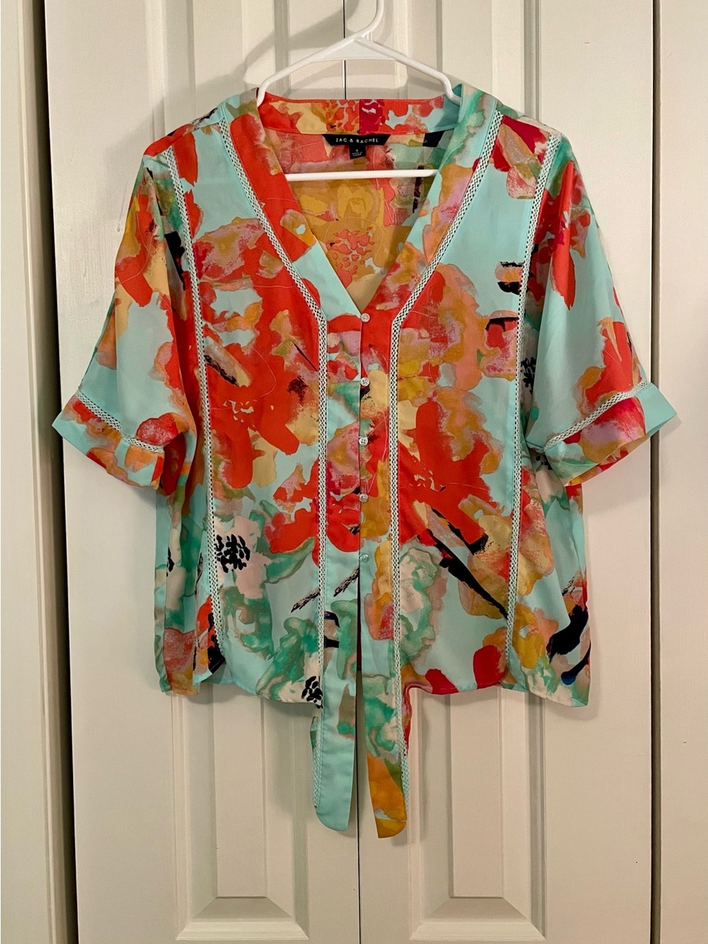 Zac & Rachel Aqua Floral Tie-Front Button Down Top with Coral Accents